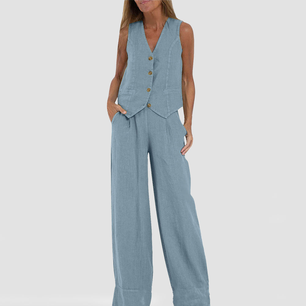 Summer Vest Suits V-neck Botton Sleeveless Top And Loose Straight Trousers Casual Womens Clothing NorixaFashion.com
