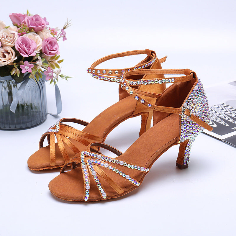 Latin Dance Shoes Rhinestone Pearl Satin Women LadyShow.Store