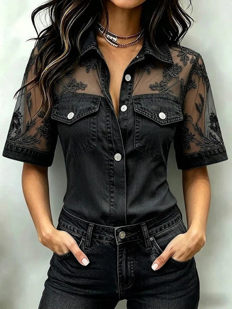 Womens Casual Loose-fit Faux-jean Patchwork Top NorixaFashion.com