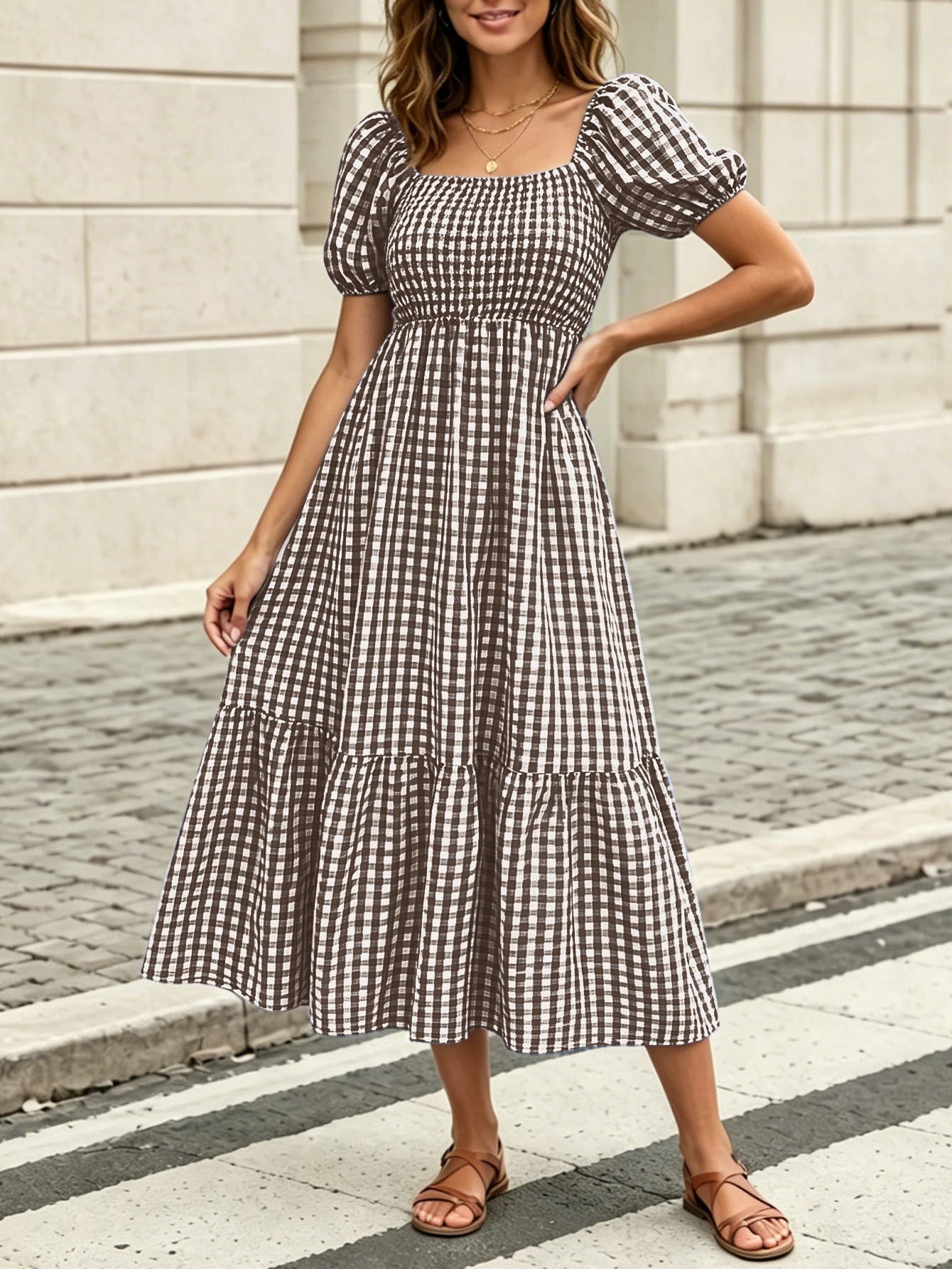 Women's Literary Retro Style Puff Sleeve Dress  Vichy Check Square Neck High Waist Tiered Dress NorixaFashion.com