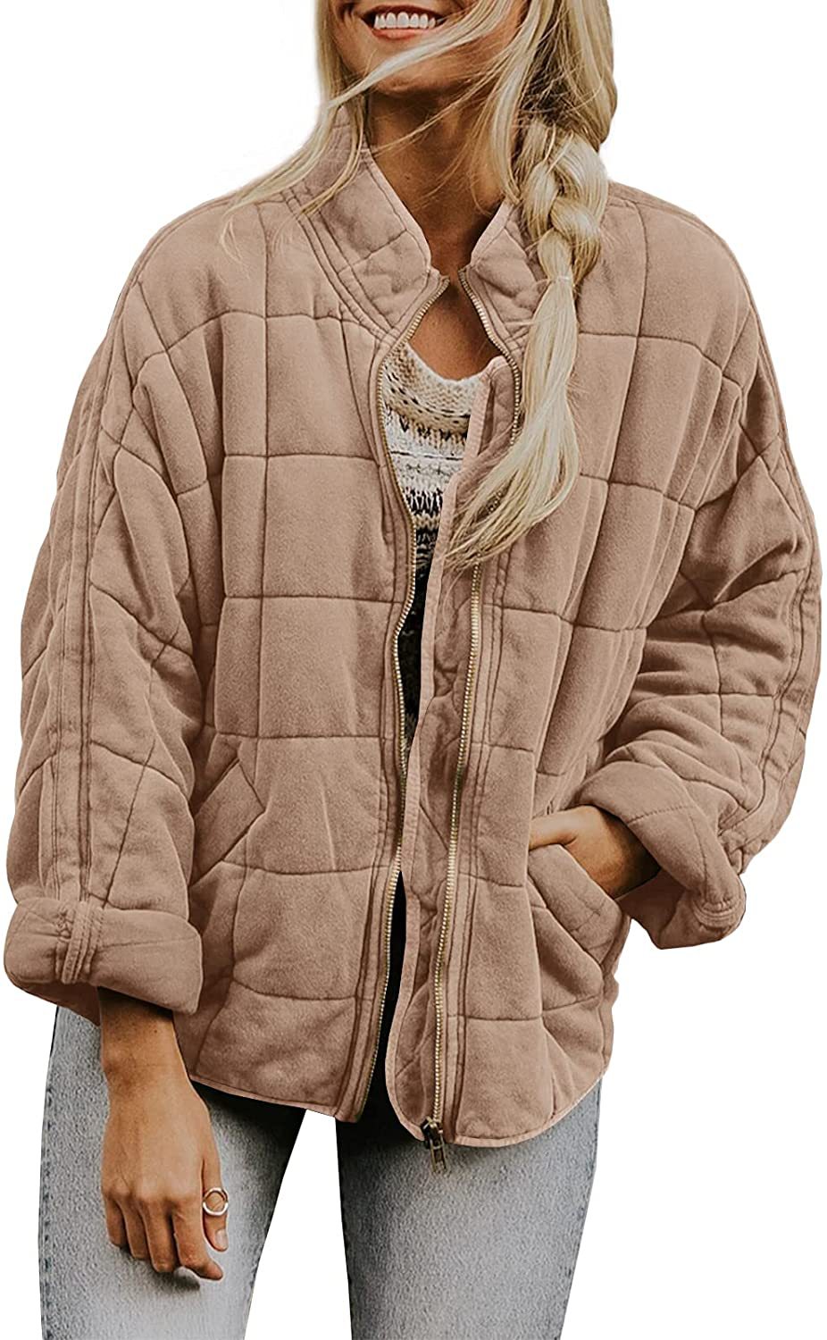 Winter Zip-up Stand Collar Coat With Pockets Fashion Solid Color Plaid Long Sleeved Jacket Women's Clothing LadyShow.Store
