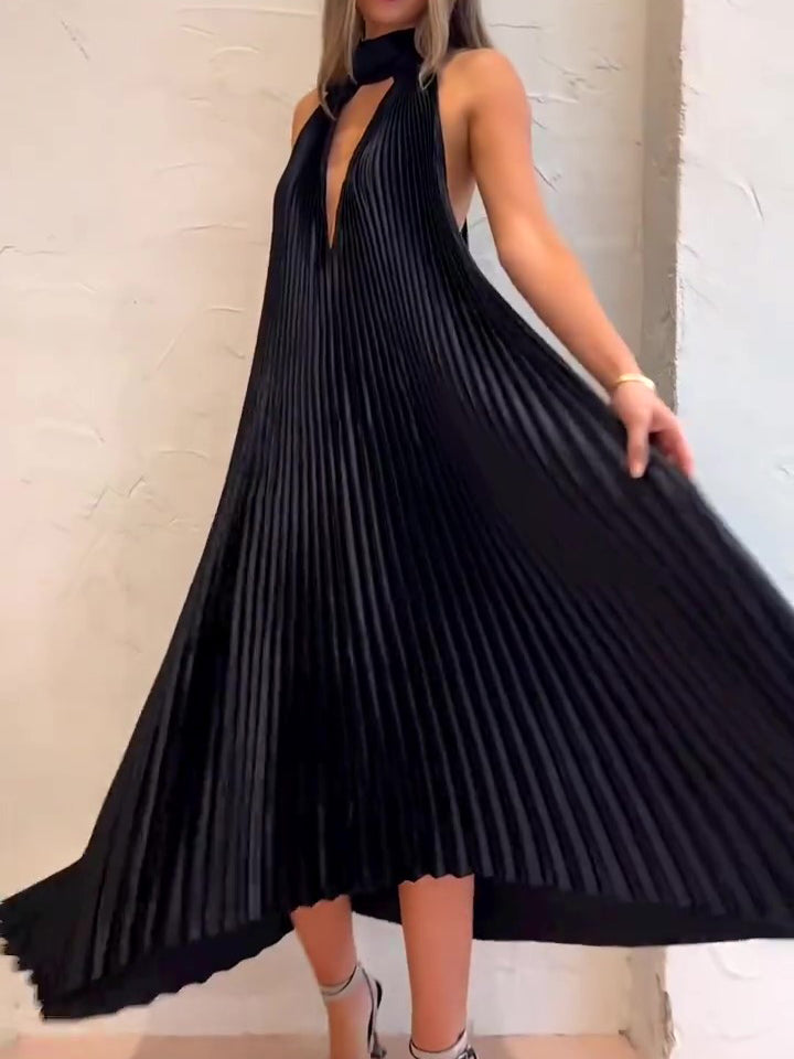 Black V-Neck Pressed Pleated Dress NorixaFashion.com
