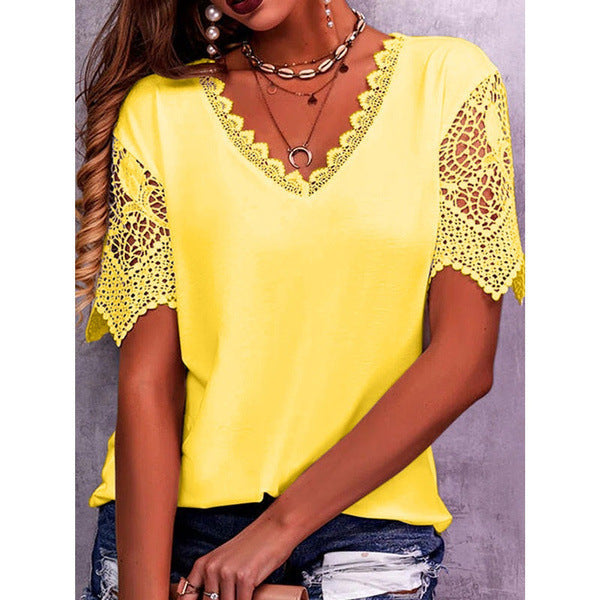 Lace Paneled Loose V-Neck Short Sleeves For Women NorixaFashion.com