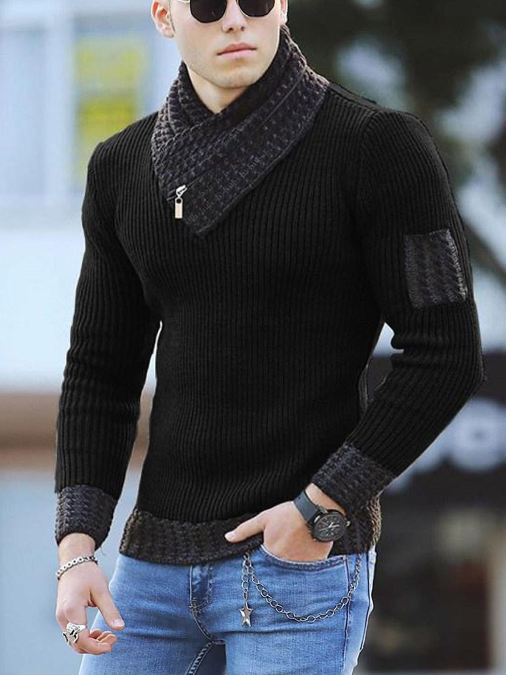 Independent Station Casual Slim Knit Pullover Long-sleeved Scarf Collar Sweater Men's LadyShow.Store