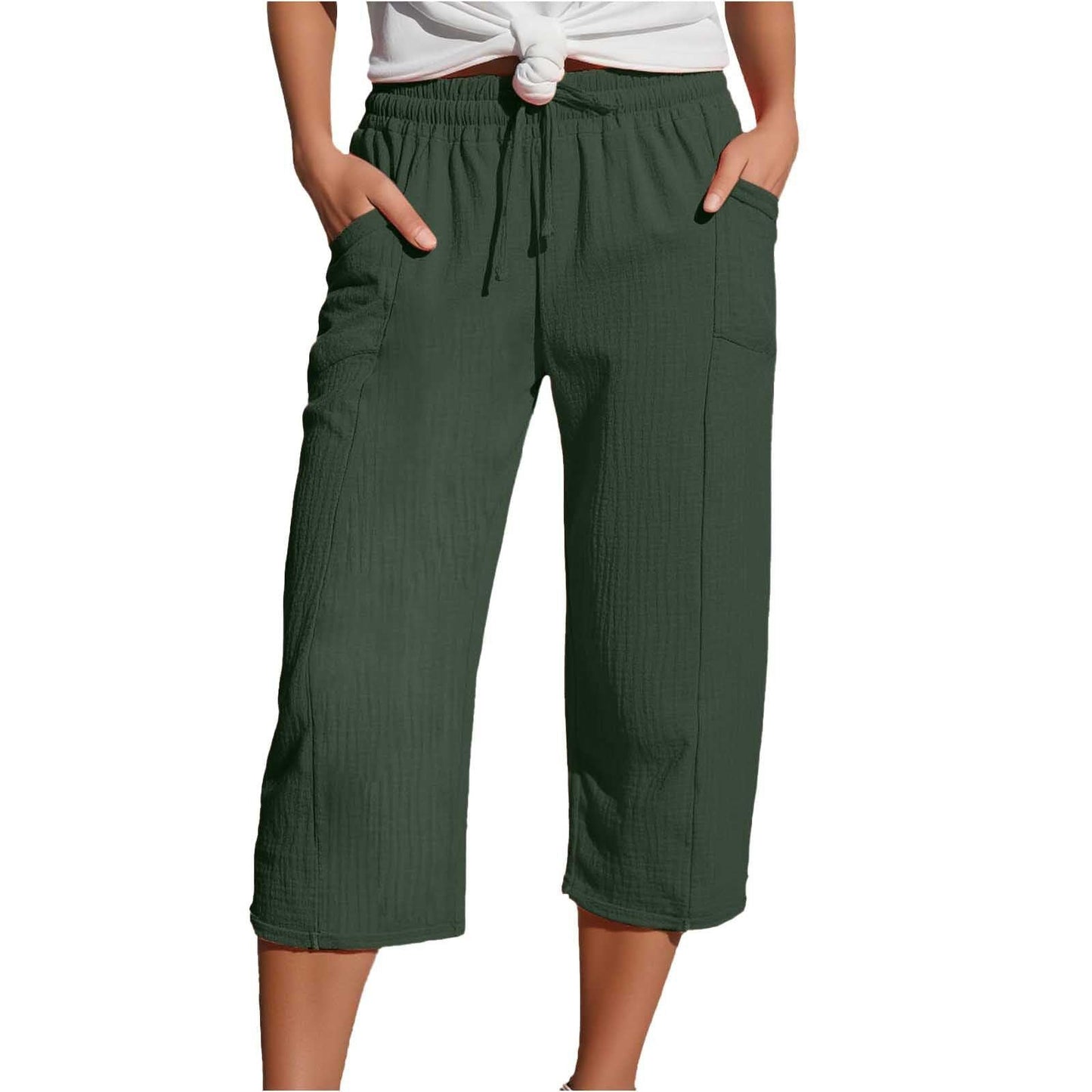 Women's Cotton-Linen Solid-Color Casual Cropped Pants With Elastic Waist NorixaFashion.com