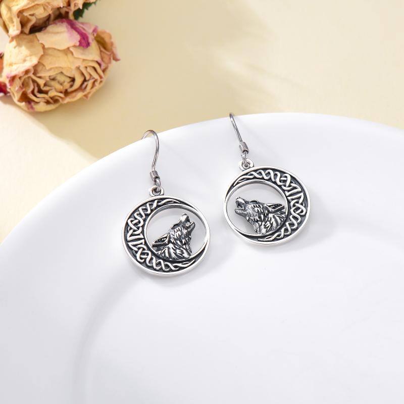 Wolf Celtic Moon Dangle Drop Earrings in Sterling Silver LadyShow.Store