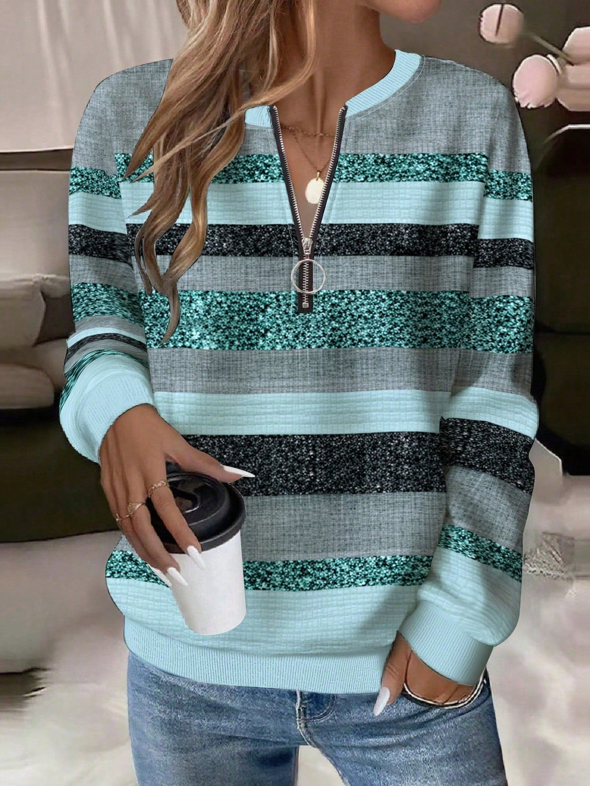 2026 New Autumn And Winter Amazon Independent Site Wish Printed Long Sleeve HalfZip Women's Hoodie NorixaFashion.com