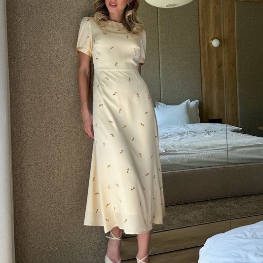 Cream Yellow Floral Print Satin Midi Dress NorixaFashion.com