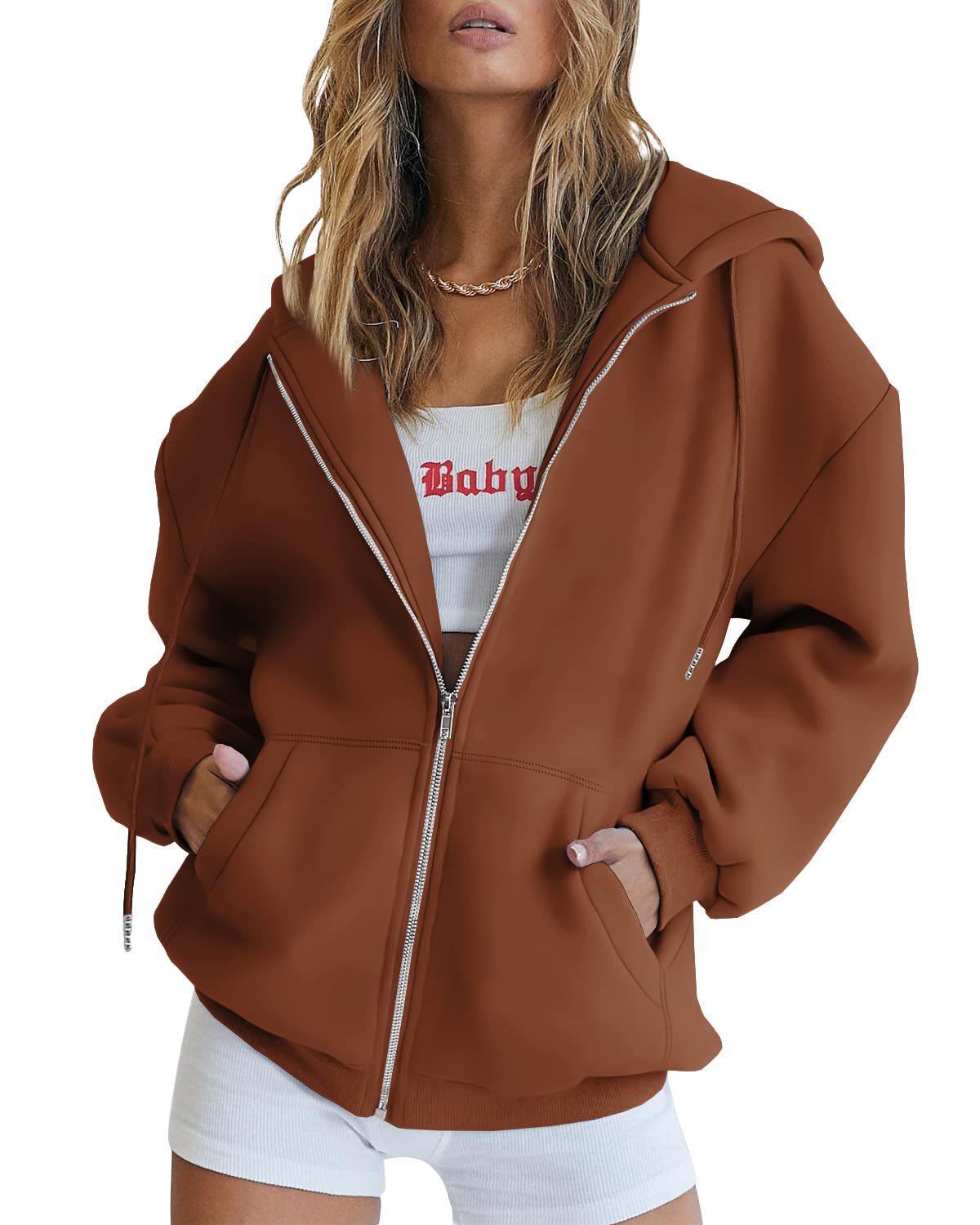 Women's Fashion Casual Solid Color Drawstring Zipper Hooded Sweatshirt LadyShow.Store