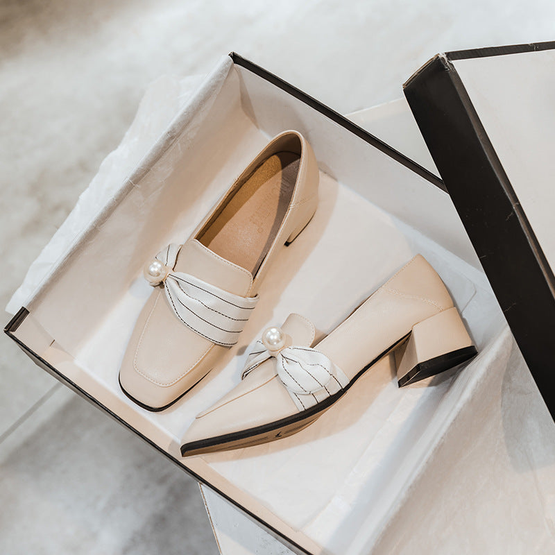 Women's High Heel Leather Shoes British Style Loafers Thick Heel Single Shoes Women LadyShow.Store
