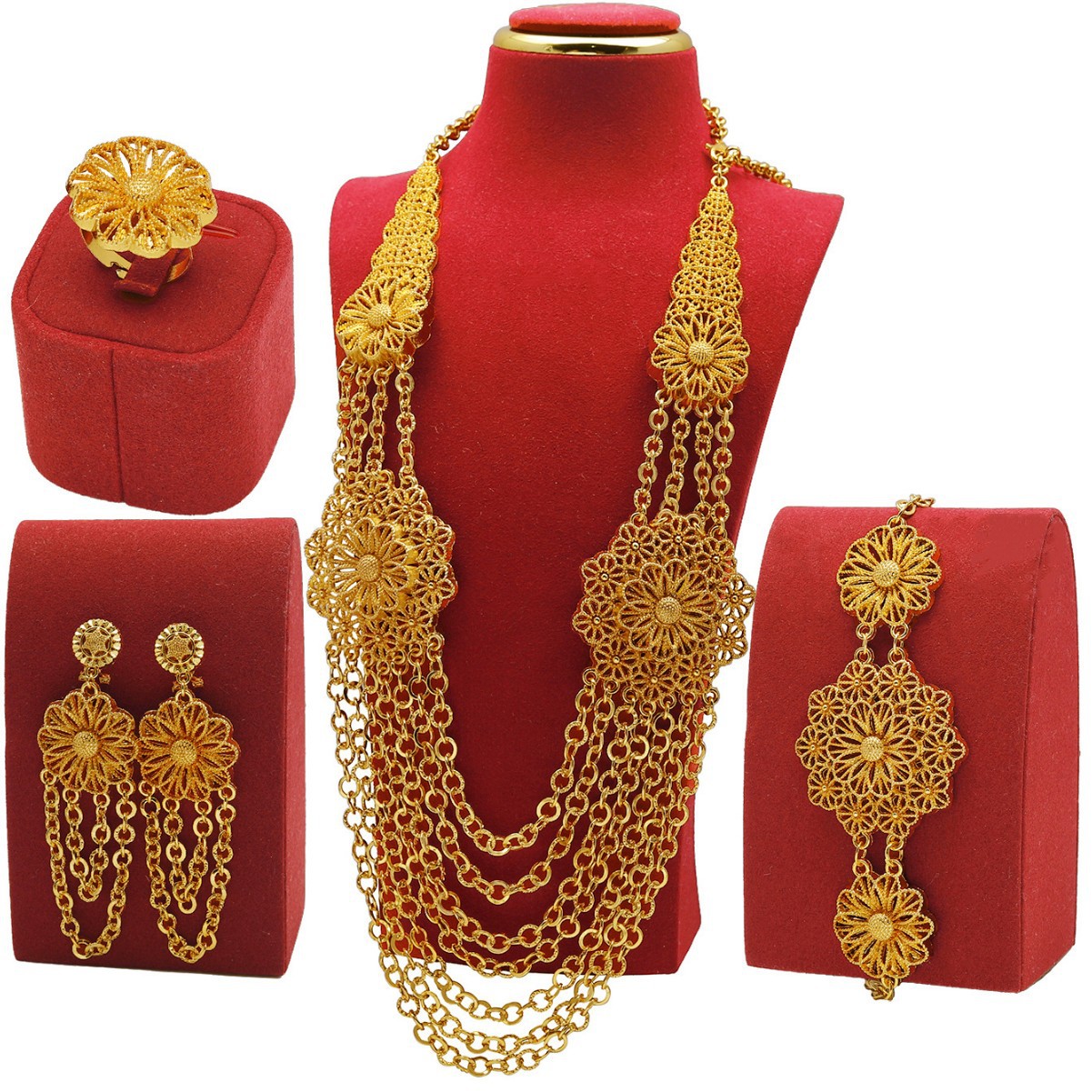 24K Gold Flower Necklace Earring Ring Bracelet Set LadyShow.Store