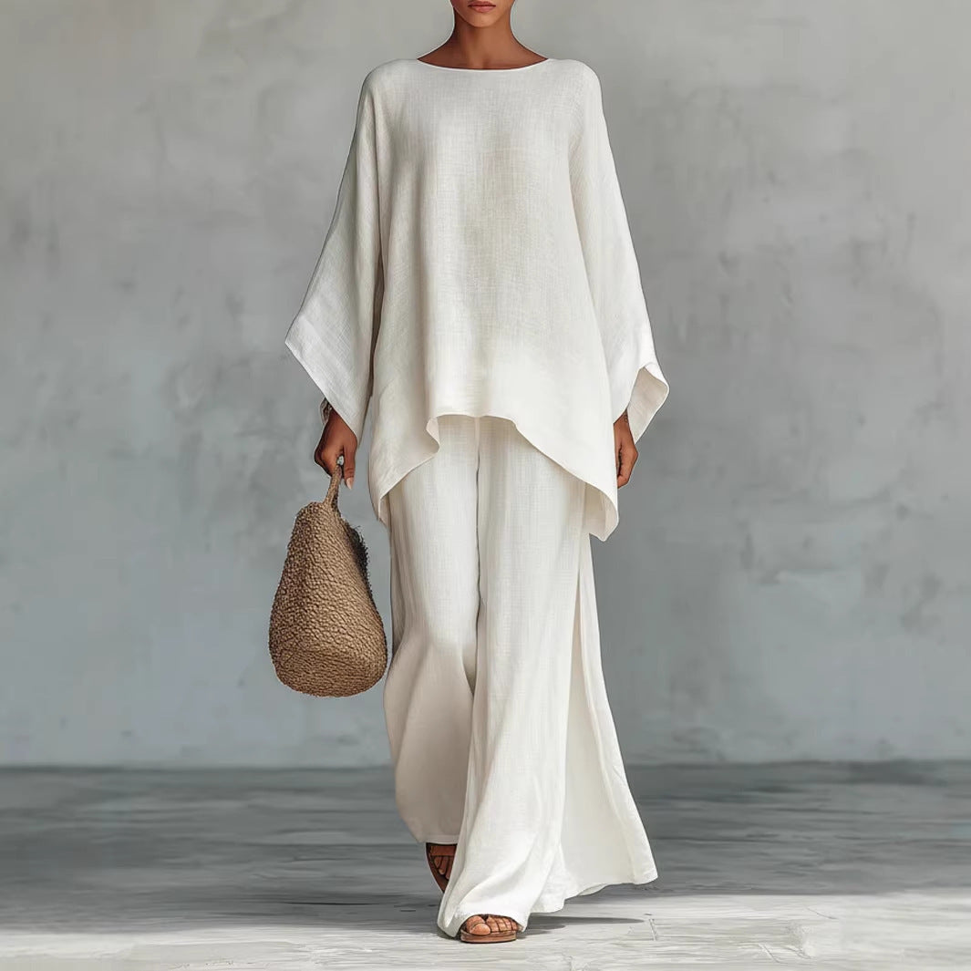 Casual 2-piece Set Loose Long-sleeved Wide-leg Trousers For Womens Minimalist Relaxed-fit Top And Wide-leg Pants Set For Daily Wear Work Vacation Outfits NorixaFashion.com