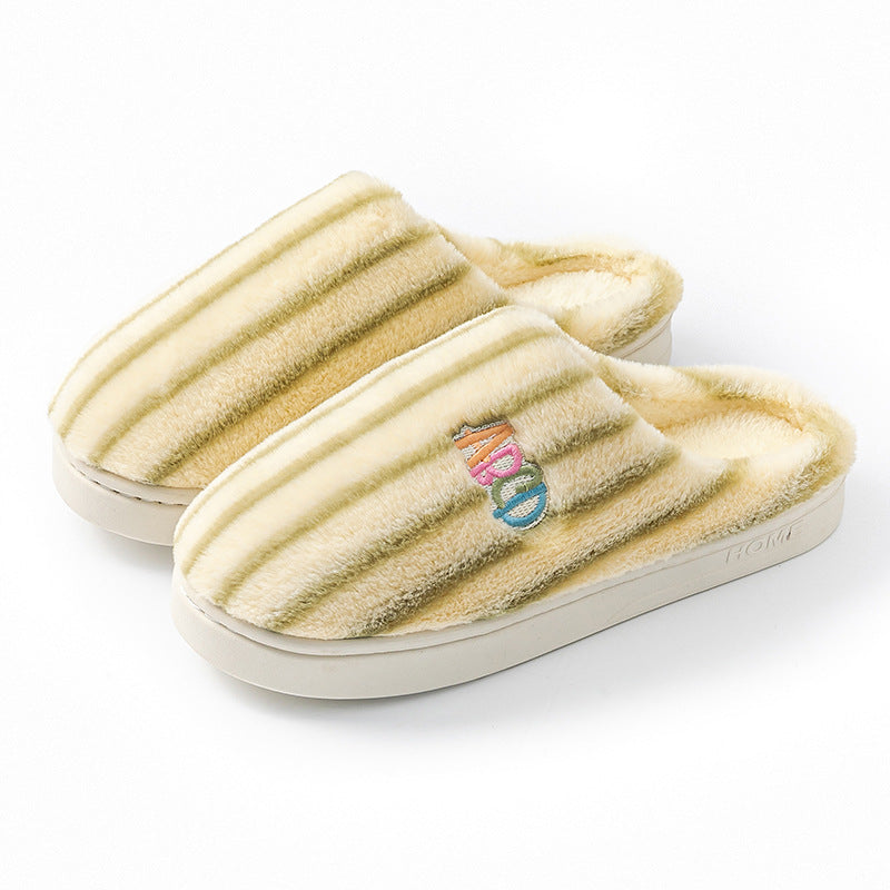Ins Plush Striped Slippers Winter Warm Letter Embroidered Shoes Fashion Floor Bedroom Home Slipper For Women Men Couples CJD