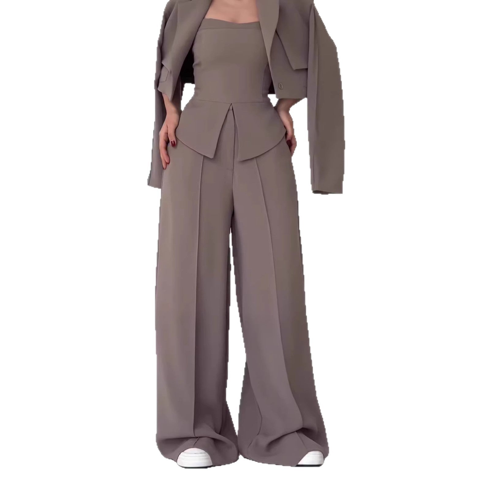 Womens Solid-color Elegant Blazer And Wide-leg Suspender Pants Set NorixaFashion.com