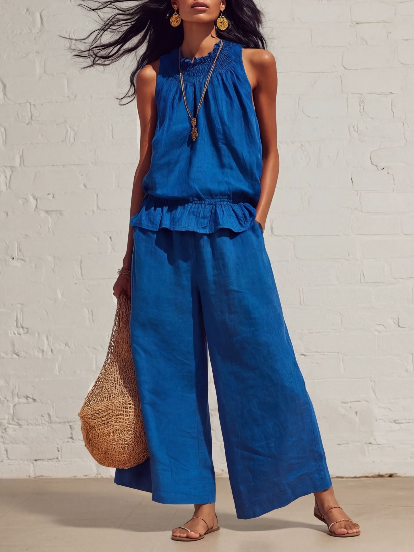 Summer Sleeveless Suit Fashion Ruffled Vest Top And Straight-leg Pants Women's Two-Piece Set NorixaFashion.com