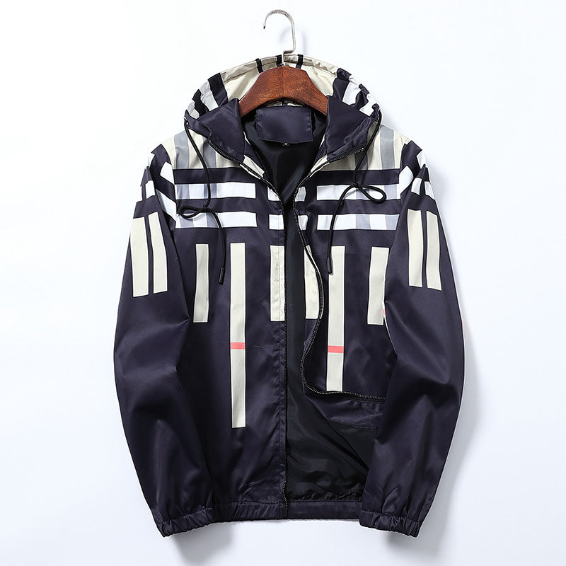 Men's Casual Trench Jacket with Stripe Plaid Print Pi-Mart