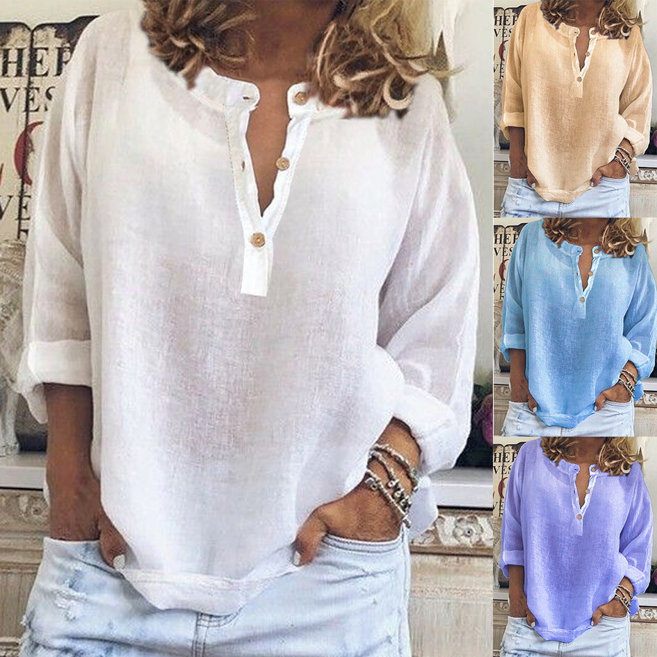 Solid Color Casual Loose Long Sleeve Linen Shirt LadyShow.Store