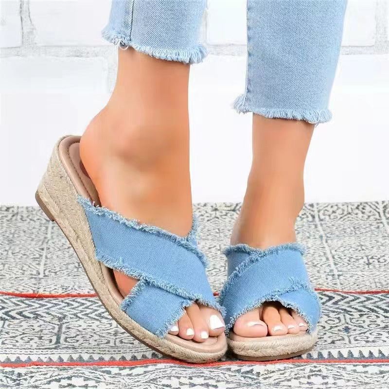 Denim Fashion Hemp Braided Lightweight High Heel Slippers LadyShow.Store