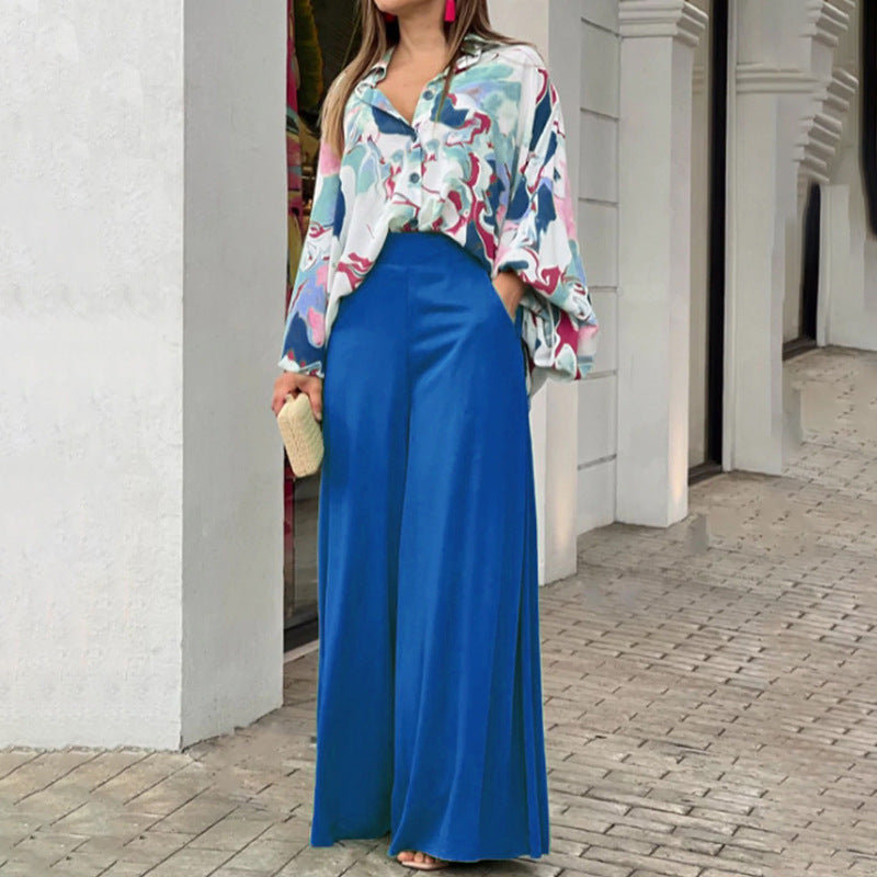 Loose And Elegant Casual Printed Shirt Top Wide Leg Pants Fashion Suit NorixaFashion.com