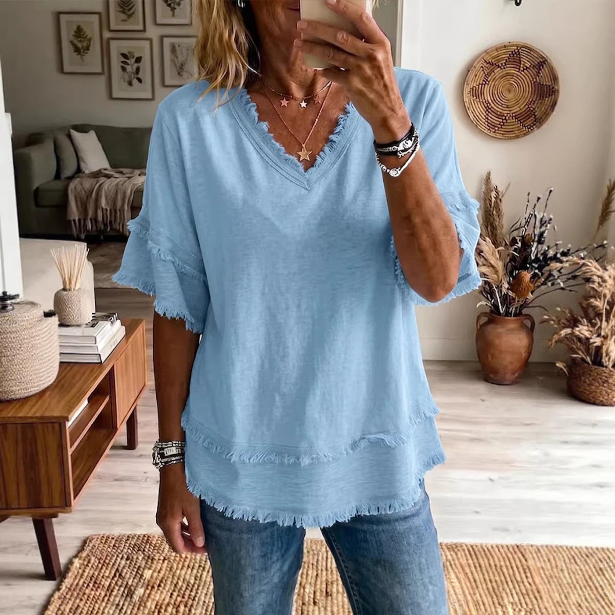 Casual Women's Shirt V-Neck Short Sleeve Loose Fit Pure Color Summer Fashion Trend Pullover Tops For Daily Wear LadyShow.Store