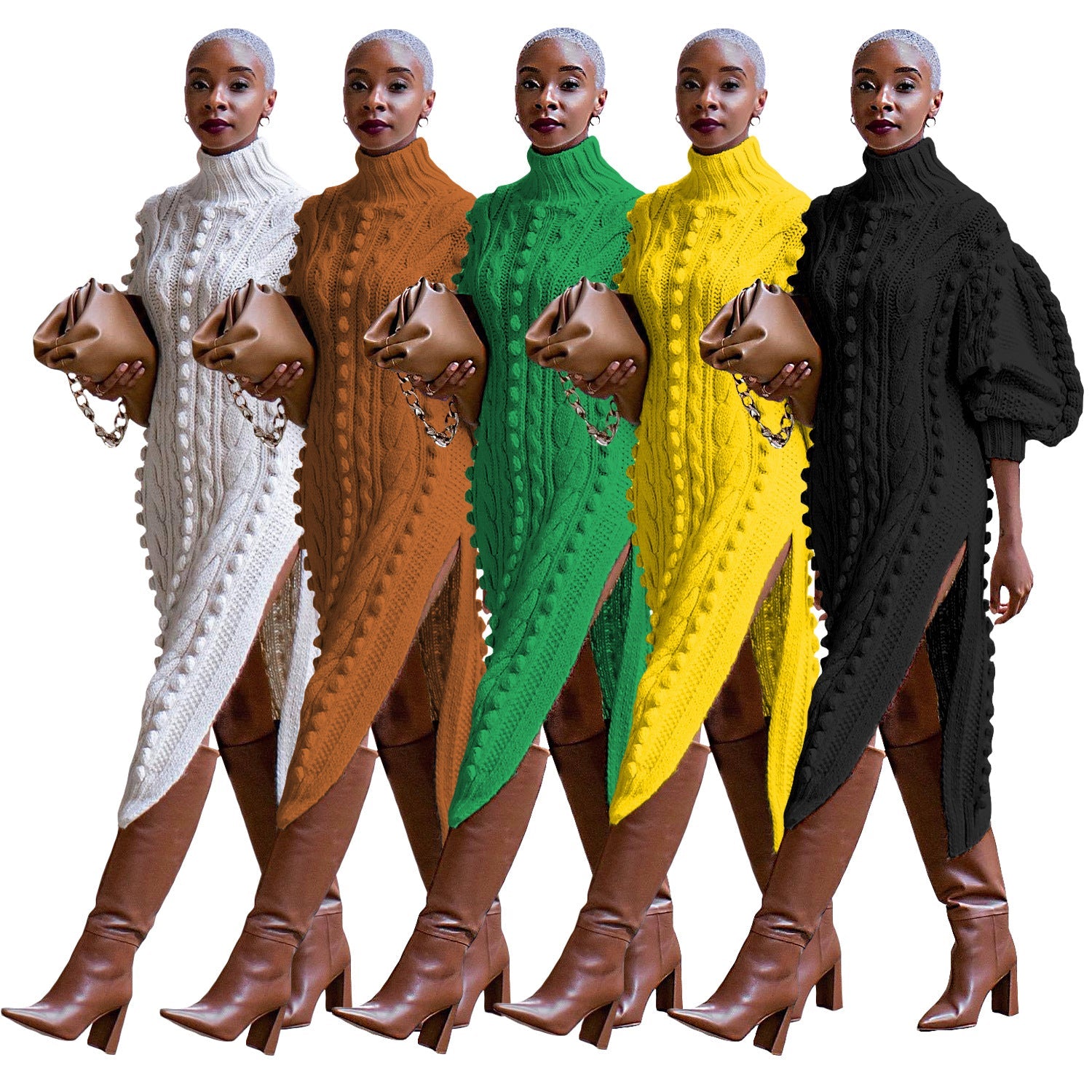 Women's Clothing Casual Turtleneck Slit Knitted Long Dress Best YouTube Store
