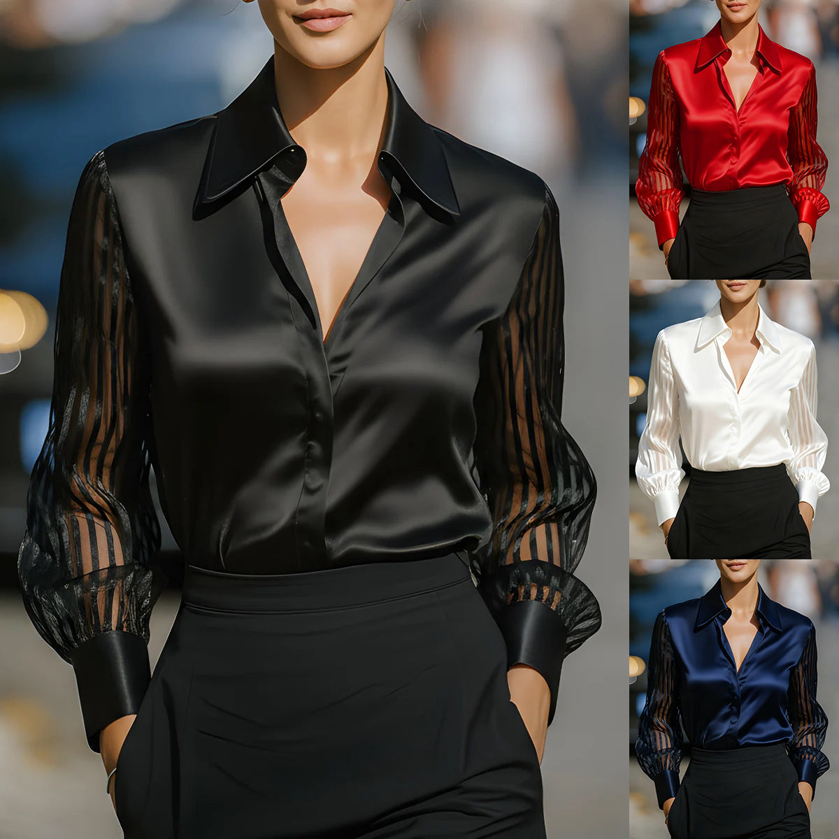 Solid Color Versatile Loose Satin Long Sleeve Shirt Women LadyShow.Store