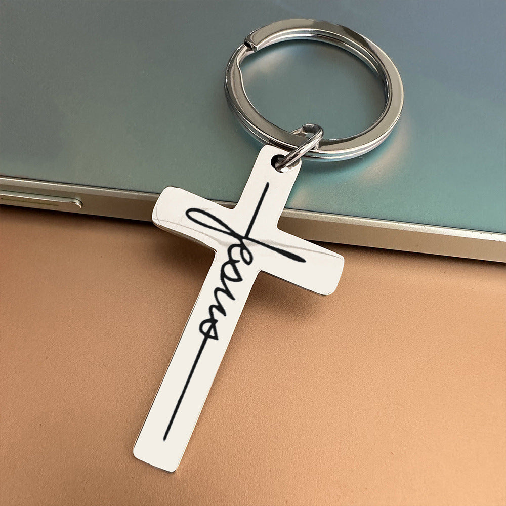 Personality Trend Stainless Steel Faith Cross Scripture Lettering Metal Keychains LadyShow.Store