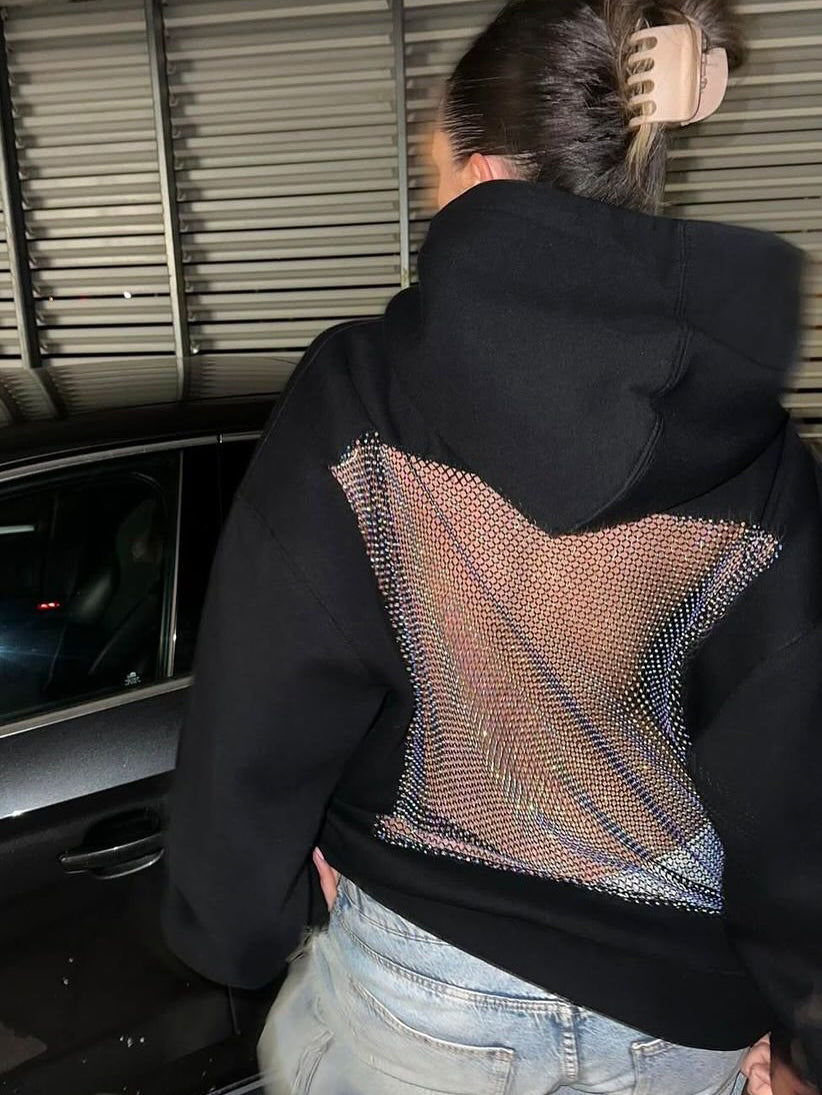 Casual Patchwork Mesh Diamond Hooded Sweatshirt NorixaFashion.com