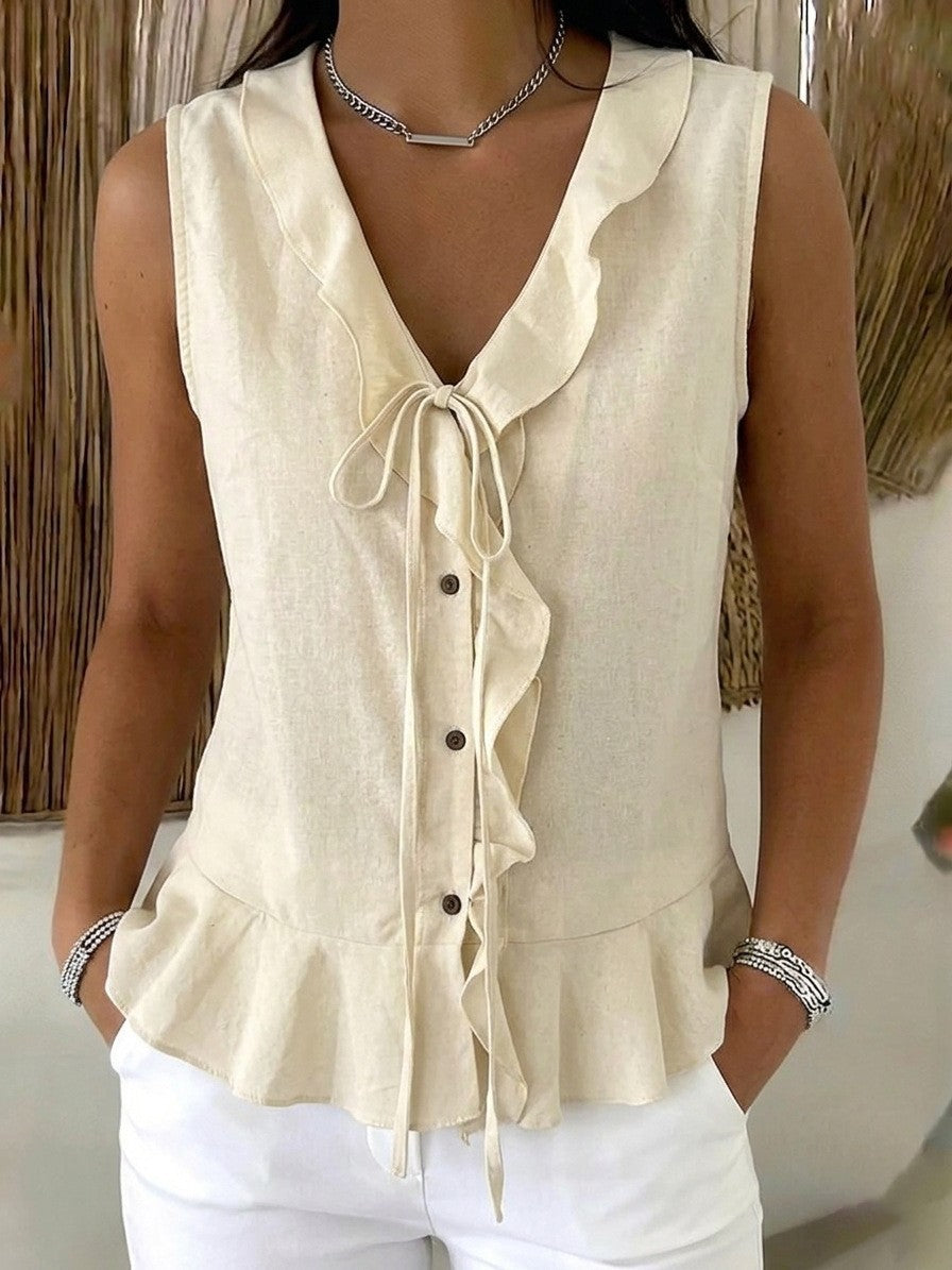 Women's Casual V-Neck Ruffle Trim Sleeveless Top NorixaFashion.com