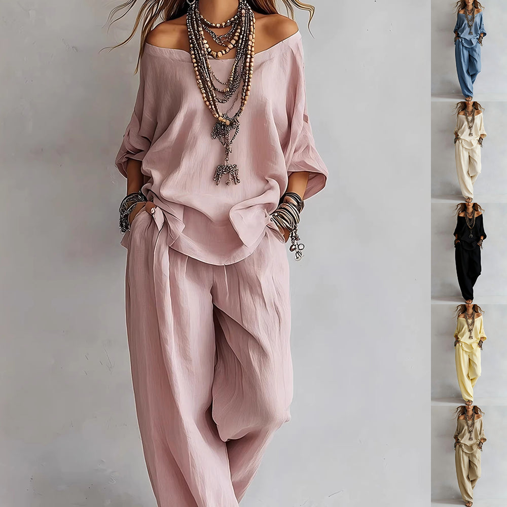 Off-shouder Suits Fashion Three-quarter Sleeves Top And Loose Pockets Wide-Leg Pants Set Women's Clothing NorixaFashion.com