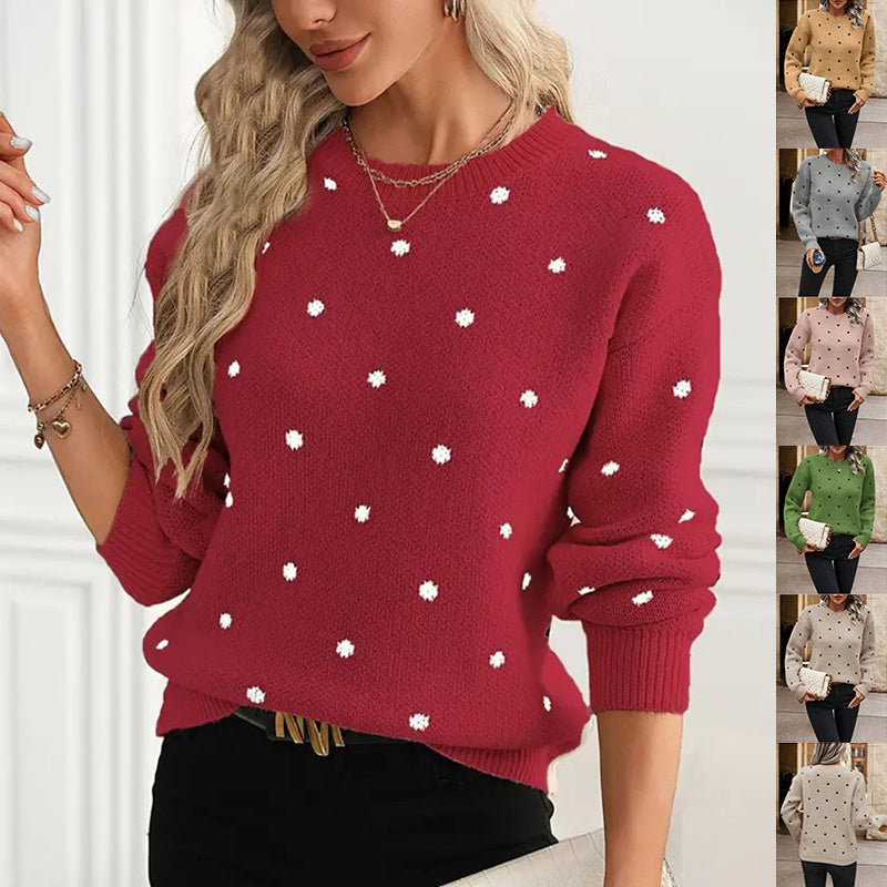 Ins Polka Dot Print Pullover Sweater Fashion Casual Long-sleeved Jacquard Knitted Top Winter Round Neck Clothing For Women Best YouTube Store
