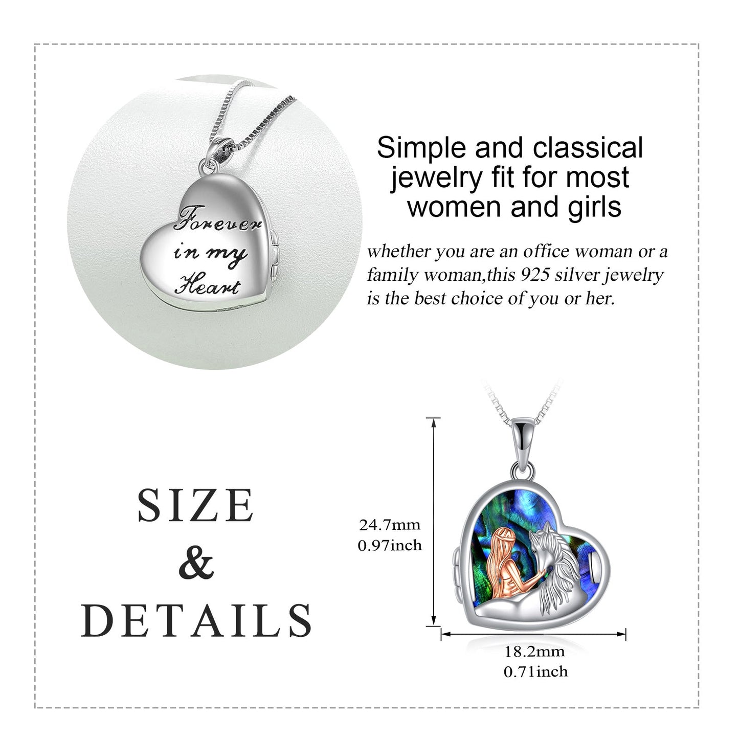 Horse and Girl Abalone Shellfish Heart Sterling Silver Photo Locket Necklace LadyShow.Store