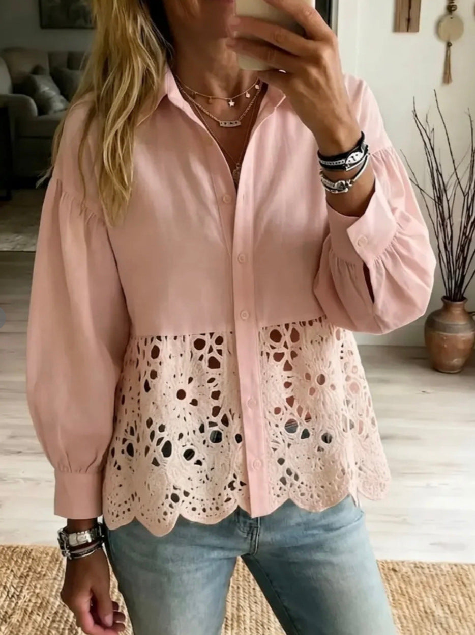 AliExpress Europe And US Cross-Border New Womens Hollow-Out Hem Shirt NorixaFashion.com