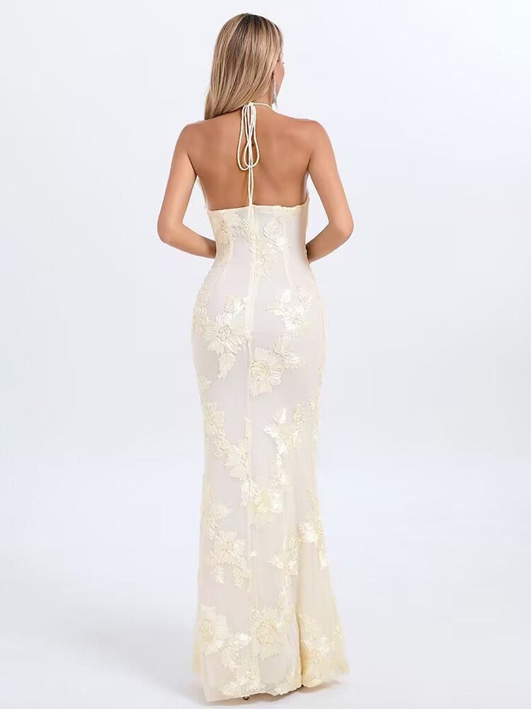 Cream Floral  Halter Neck Mermaid Gown NorixaFashion.com