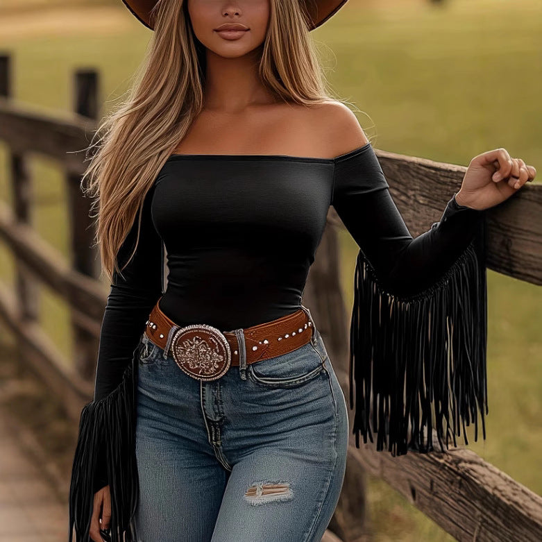 Retro Western Fringe Fitted T-shirt LadyShow.Store