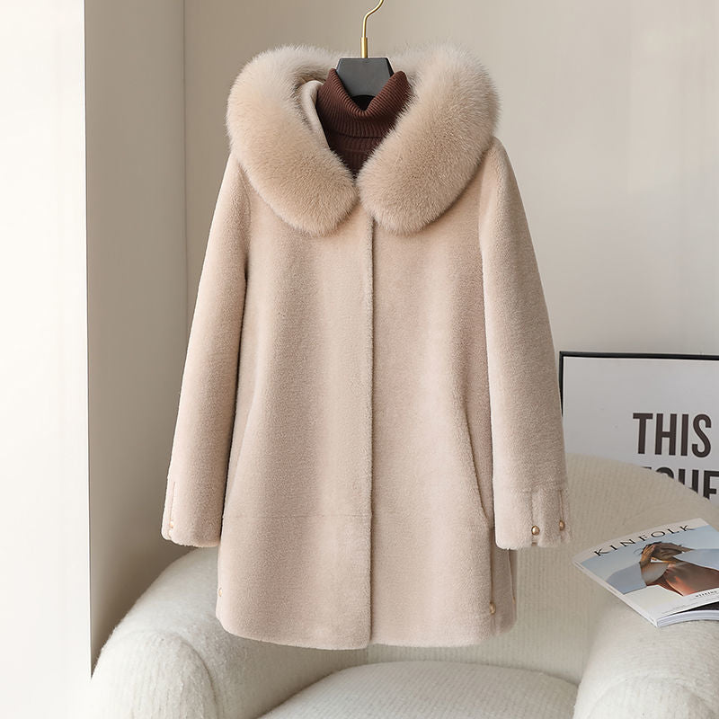 Women's Fox Fur Collar Hooded Sheep Shearling Coat Best YouTube Store