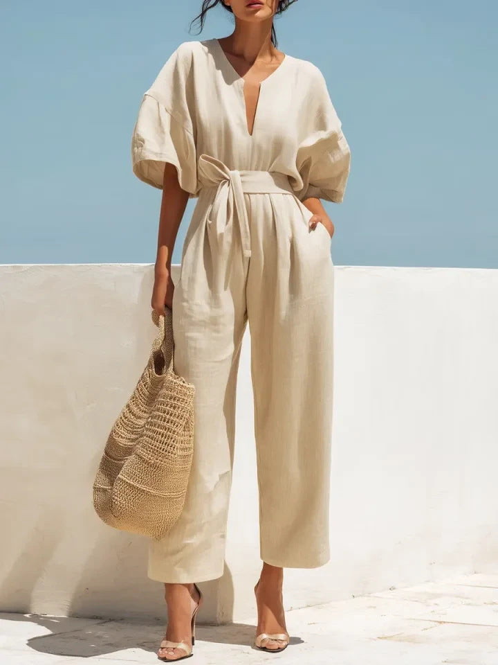 Fashionable V-Neck Solid Color Cotton-Linen Jumpsuit For Women LadyShow.Store