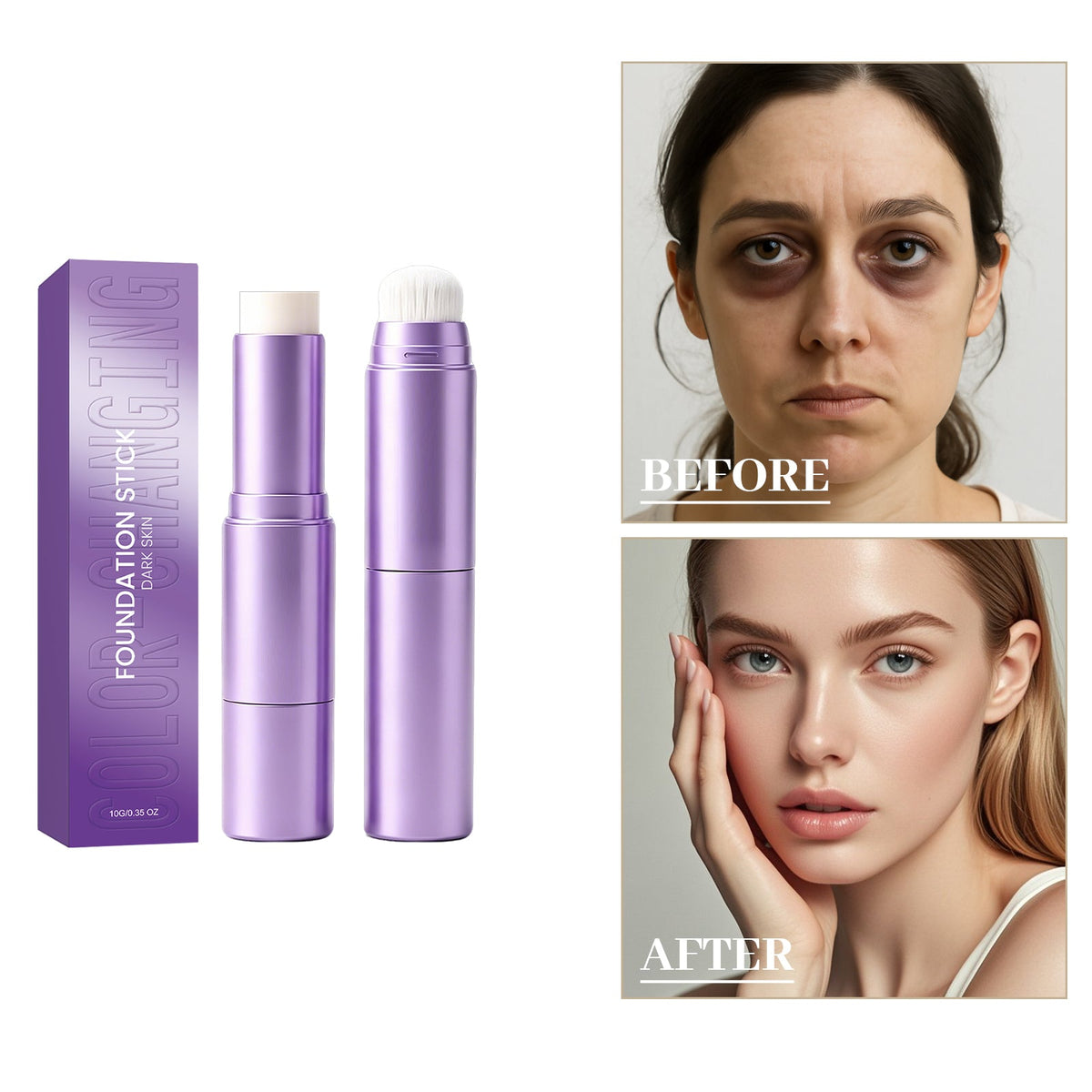 Light, Thin, Delicate, Skin Friendly, Easy To Put On Daily Makeup, No Mask, Two In One Color Changing Foundation Make-up Stick  Dark Skin Color , 10g, 1 Box Tri Light Beauty