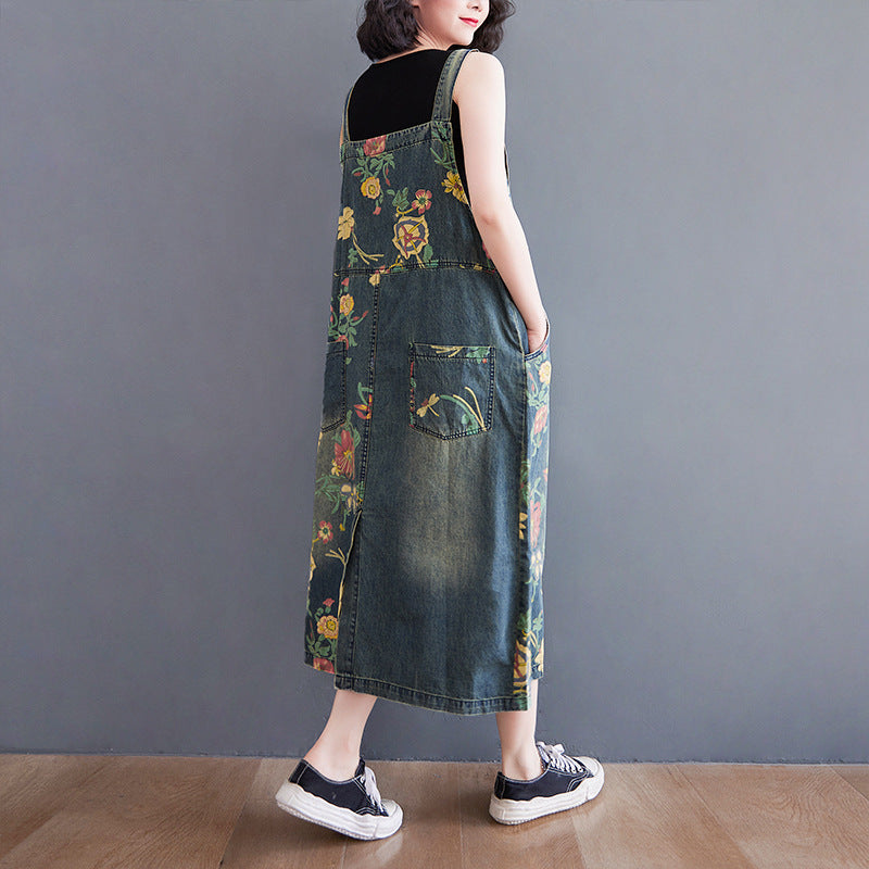 Women's Plus Size Retro Age-reducing Denim Print Suspender Skirt LadyShow.Store