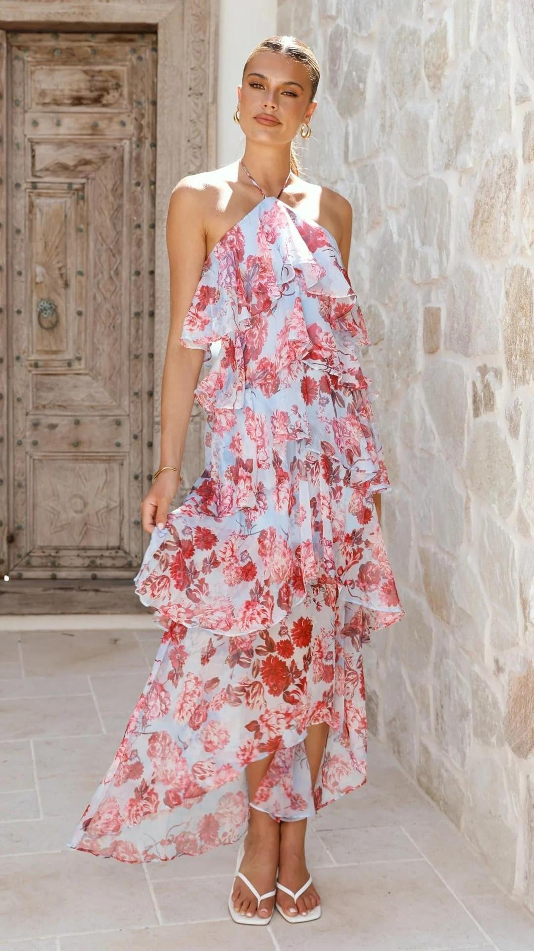 Off-shoulder Chiffon Printed Dress NorixaFashion.com