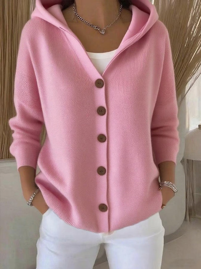 Ins Button Hooded Sweater Fashion Autumn And Winter Knitted Cardigan Casual Commuter Long Sleeve Top Women's Clothing NorixaFashion.com