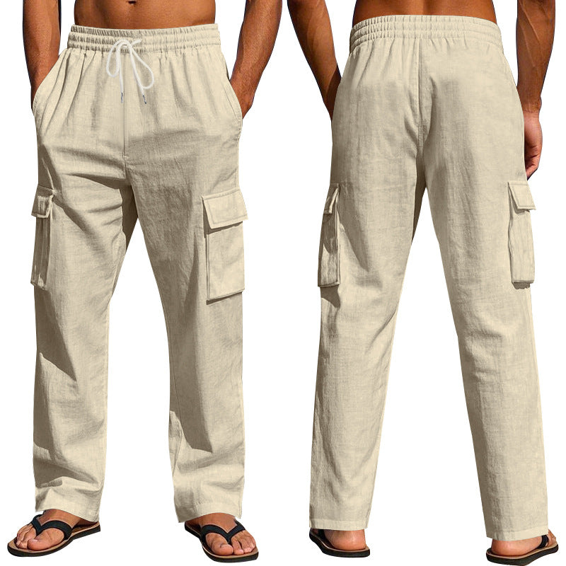 Men's Workwear Multi-pocket Straight Linen Pants Linen Four Seasons Thin Breathable Cargo Pants, Multi-pocket Loose Casual Trendy Wide-leg Pants NorixaFashion.com