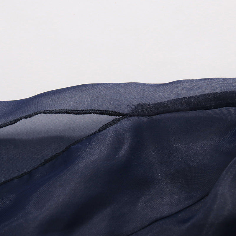 Navy Organza Bow Neck Drawstring Waist Sheer Long Sleeve Blouse NorixaFashion.com