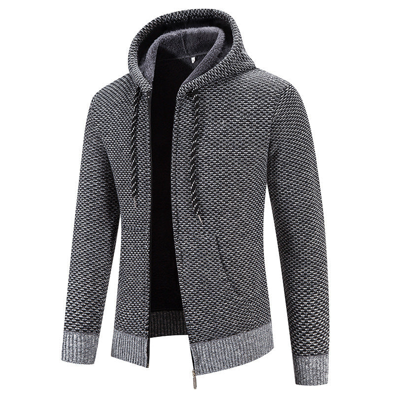 Knitwear Men's Hooded Sweater Fleece-lined Velvet-added Thickness Fleece-lined Warm Cardigan Coat LadyShow.Store