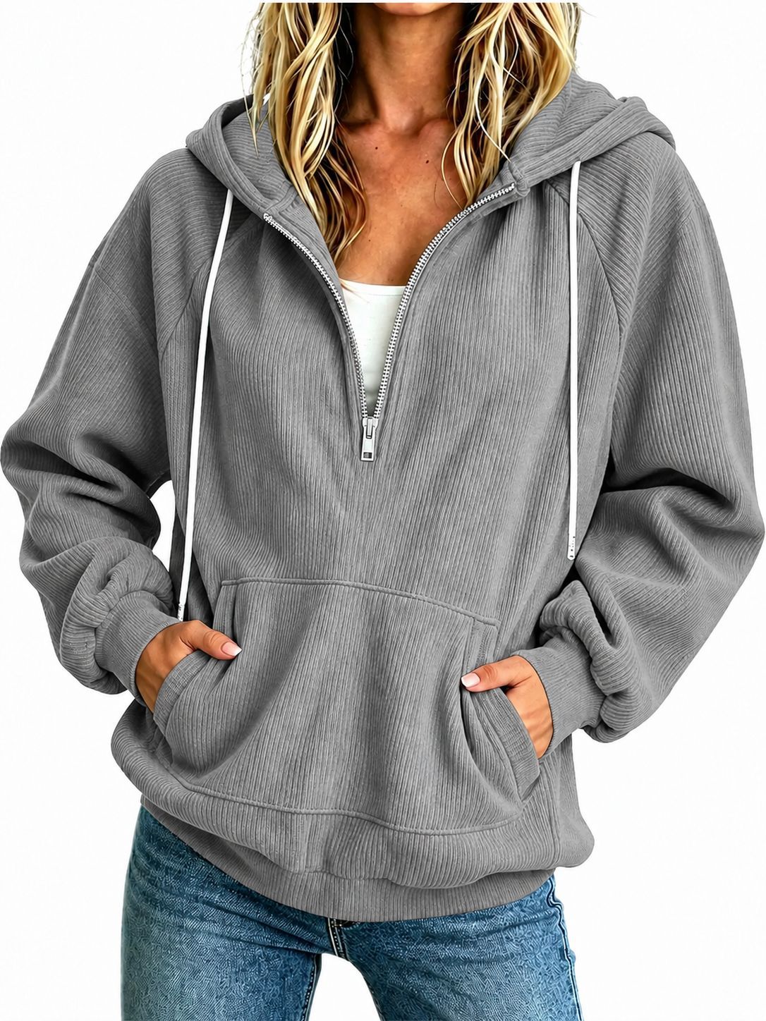 2026 Autumn New European And American Women's Half Zipper Hoodie Loose Long Sleeve Drawstring Casual Top NorixaFashion.com