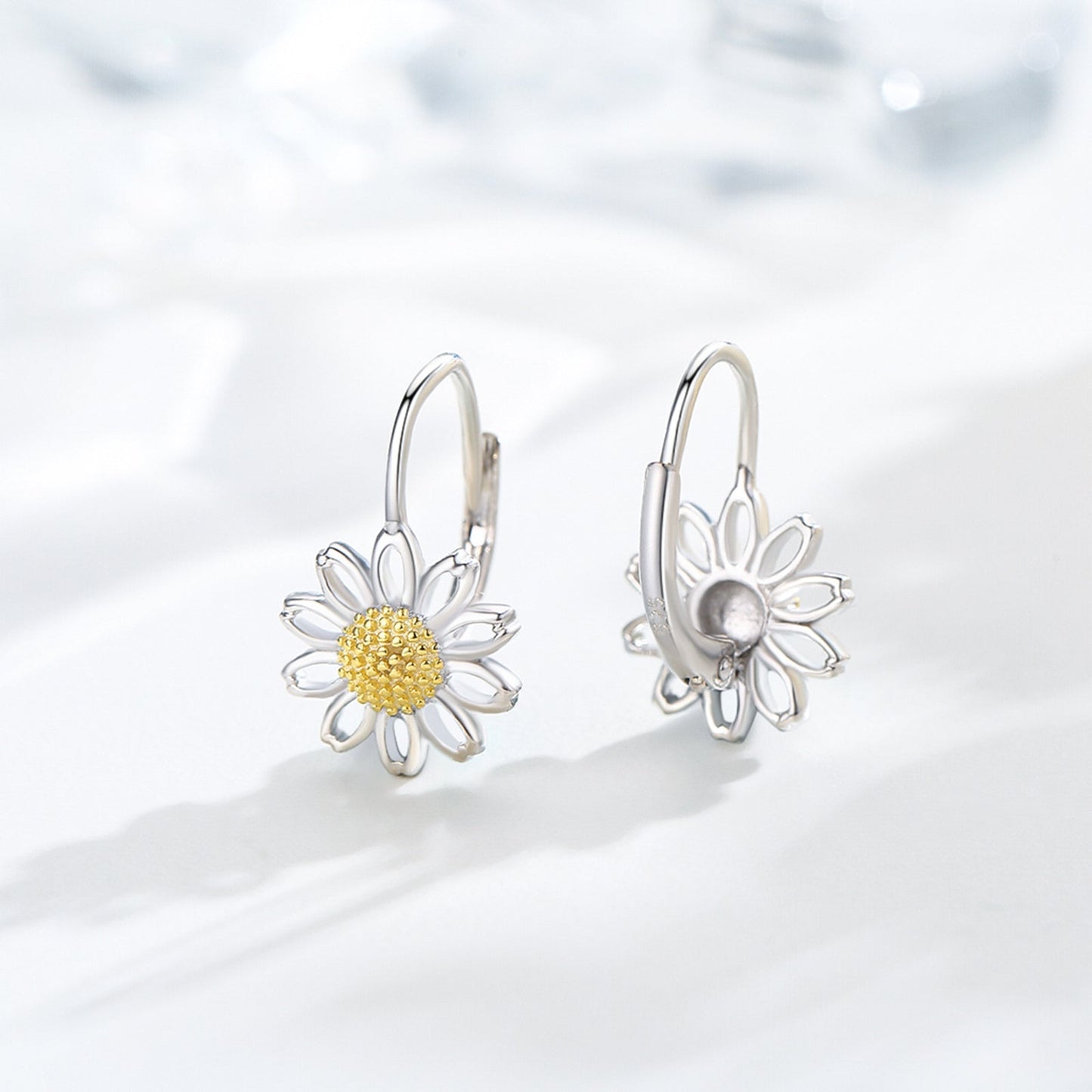 Daisy Leverback Hoop Earrings in White Gold Plated Sterling Silver LadyShow.Store