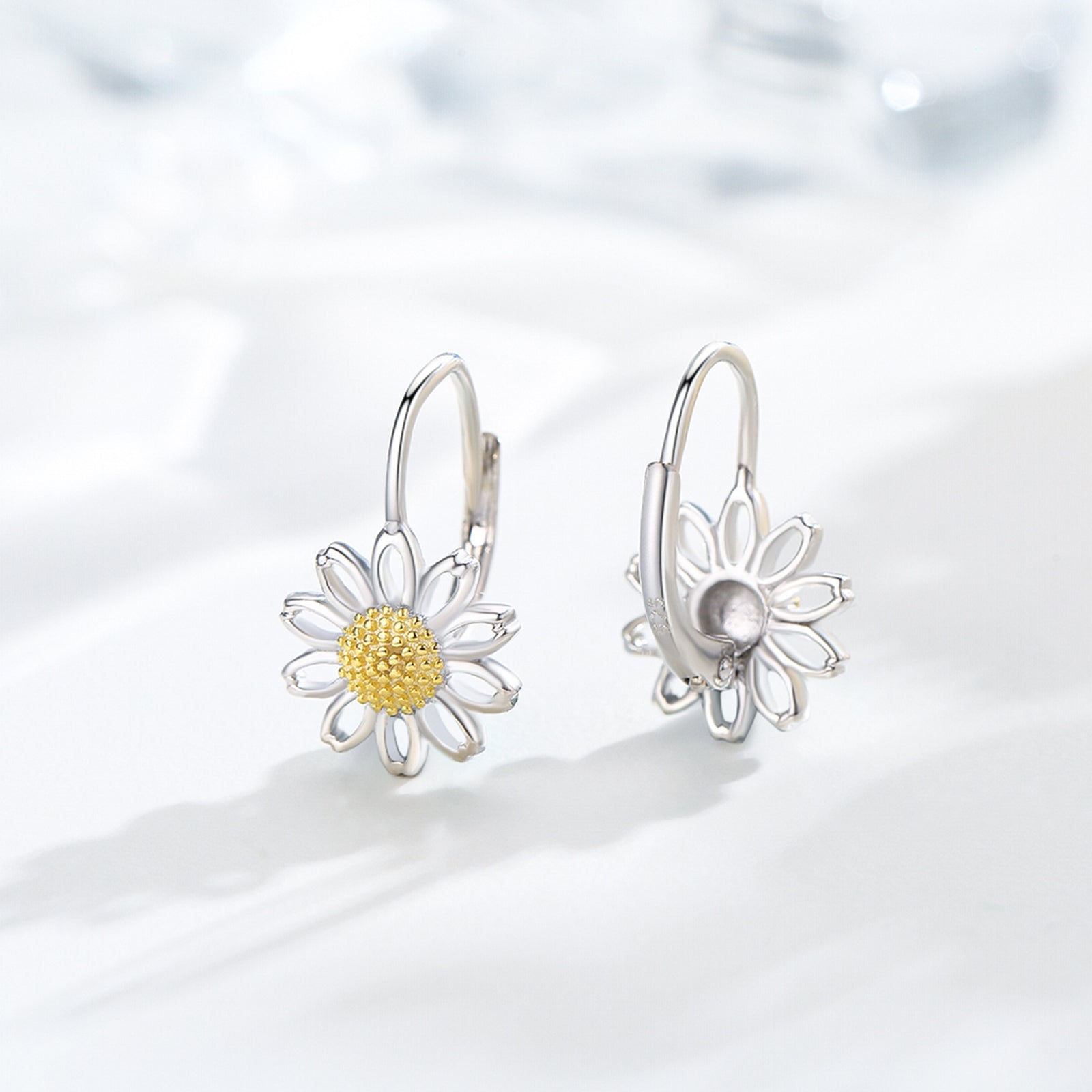 Daisy Leverback Hoop Earrings in White Gold Plated Sterling Silver LadyShow.Store