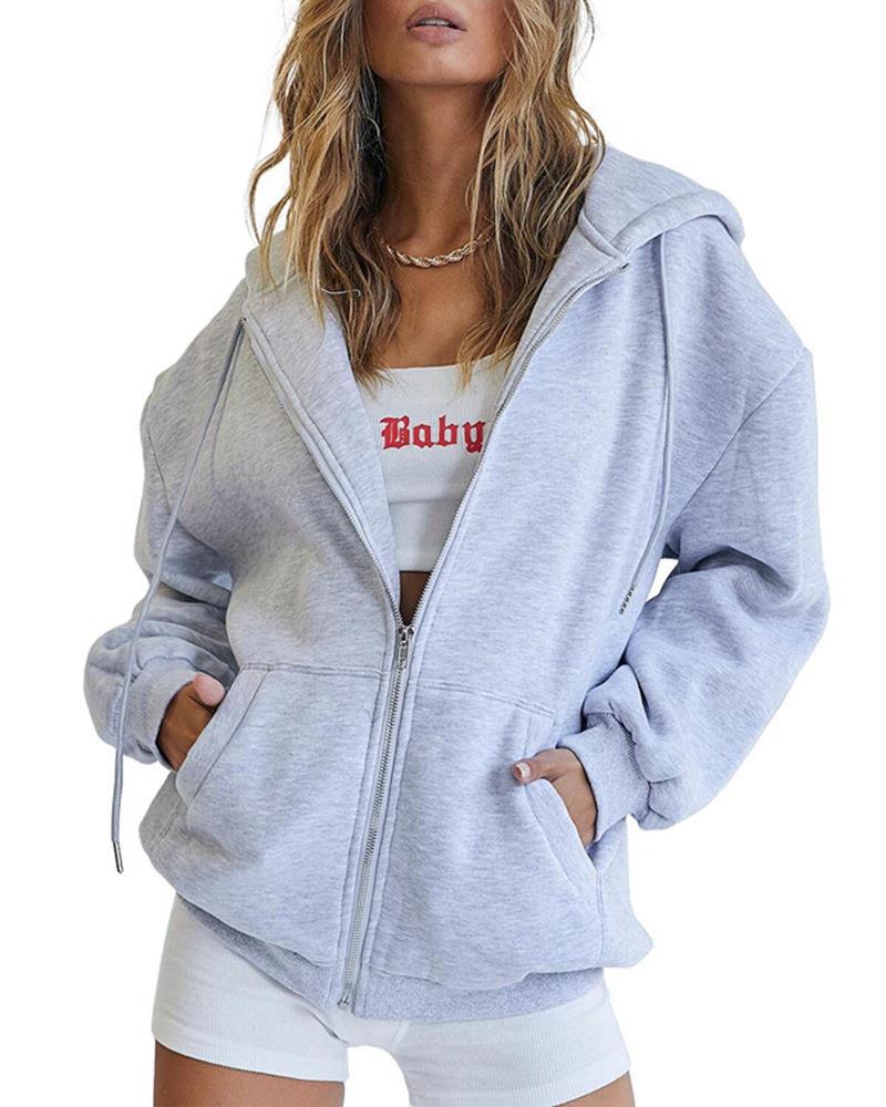 Women's Fashion Casual Solid Color Drawstring Zipper Hooded Sweatshirt LadyShow.Store