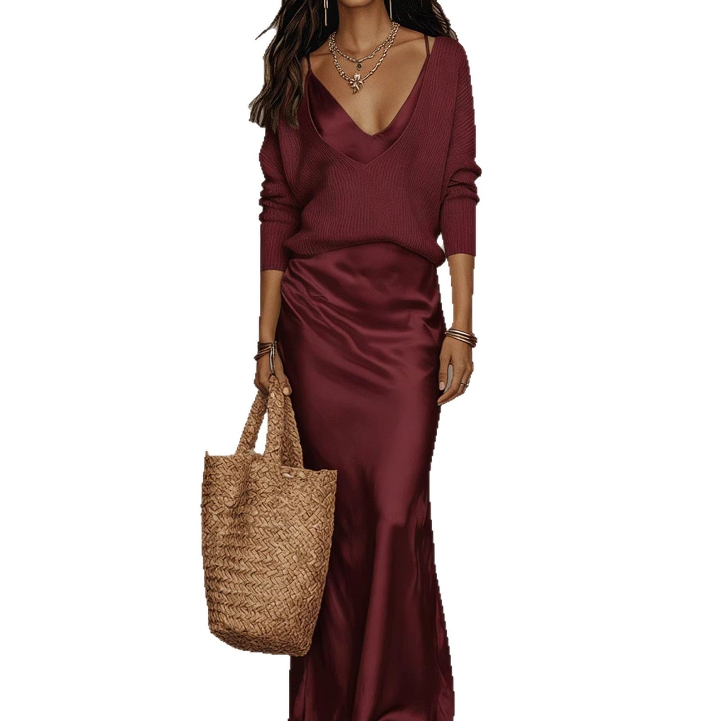 Womens Solid-Color V-Neck Knitted Sweater And Satin Dress Set NorixaFashion.com