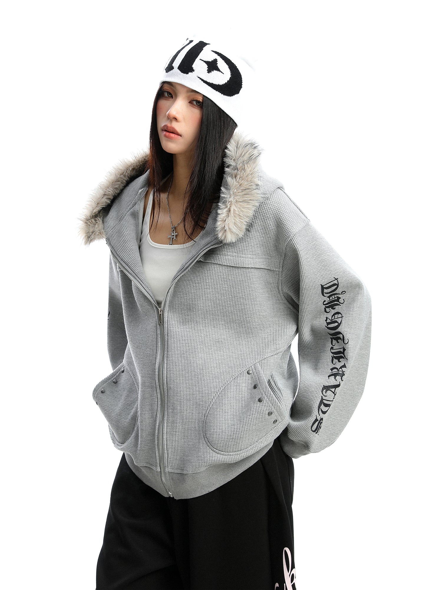 Women's Zipper Cardigan Detachable Fur Collar Sweater Best YouTube Store